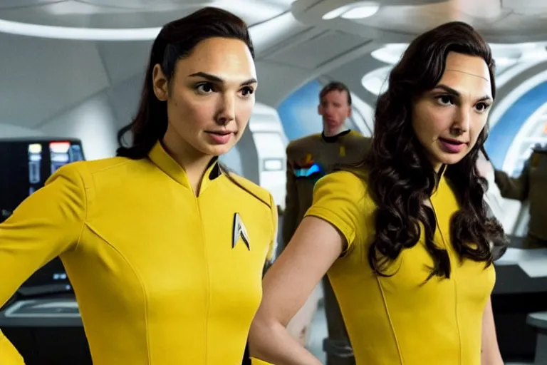 Image similar to Gal Gadot, wearing a yellow uniform, is the captain of the starship Enterprise in the new Star Trek movie