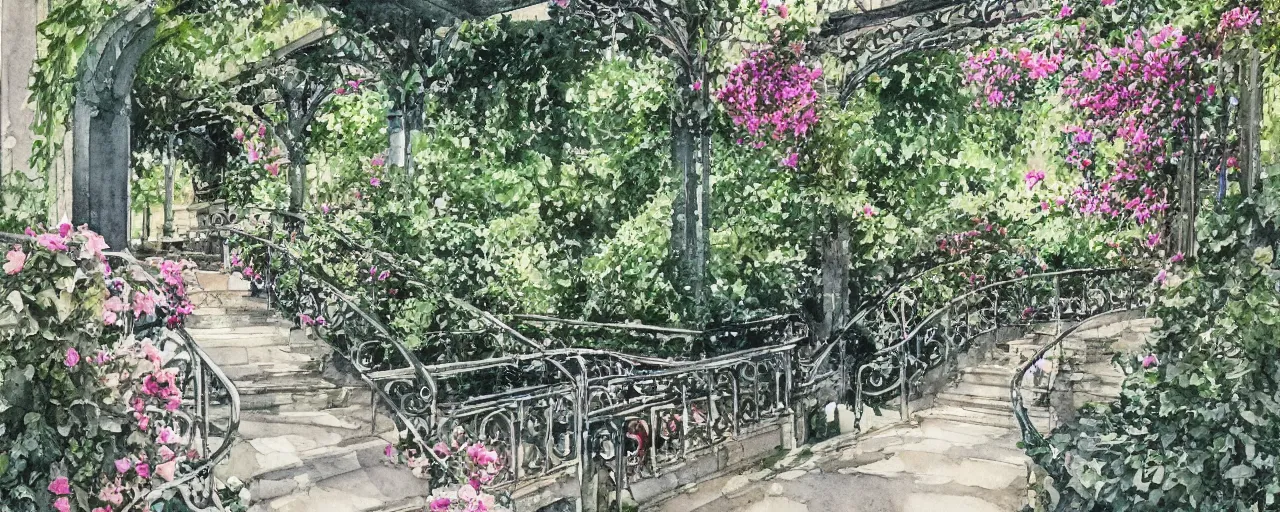 Image similar to isomeric view, railing, stairway, chairs, delicate water in a botanic garden, garden road, sparrows, temple in a botanical herbarium paper, watercolor colored painting, iridescent colors, 8 k, realistic shaded, fine details, artstation, italian style, colonnade, huge flowers, architecture