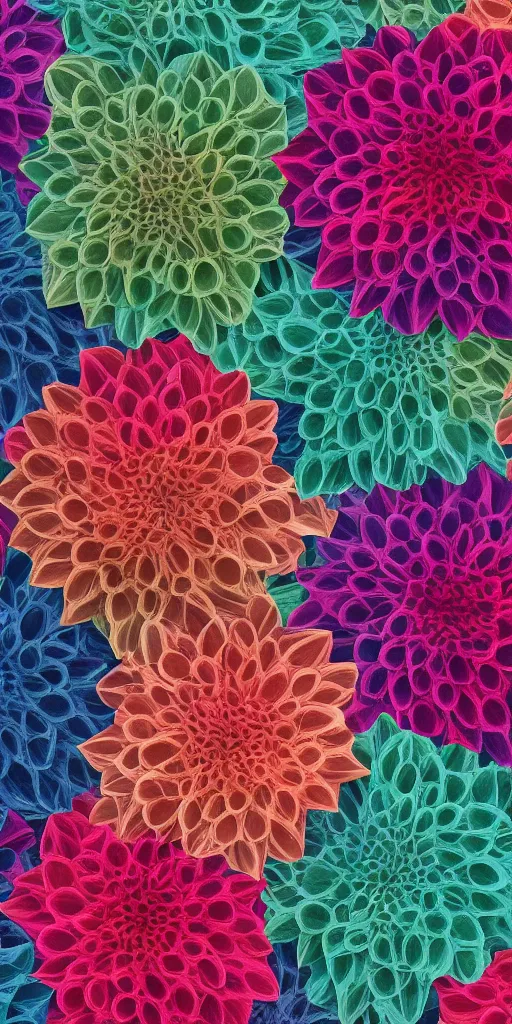 Image similar to chains of Dahlia flowers, various gradient colors, paper crumpled texture