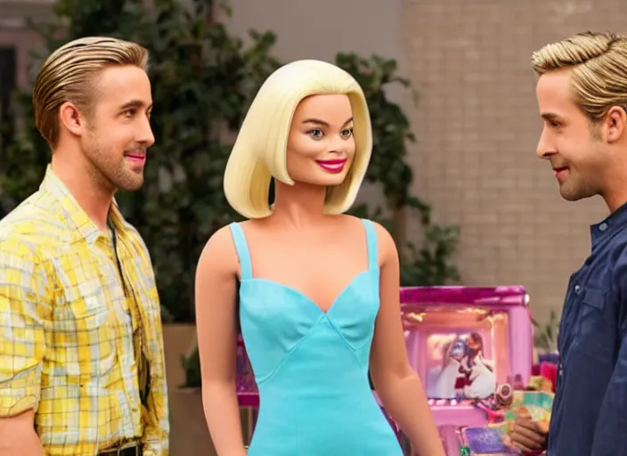Image similar to a movie still of margot robbie as barbie. ryan gosling as ken doll. on the set of the new barbie movie.