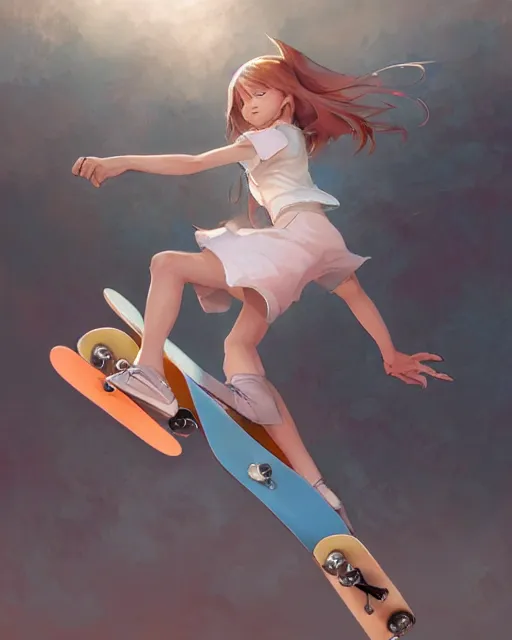 Prompt: young girl playing skateboarder by Stanley Artgerm Lau, kantoku, Rossdraws, James Jean, Andrei Riabovitchev, Marc Simonetti, and kyoani, krenz cushart, pixiv