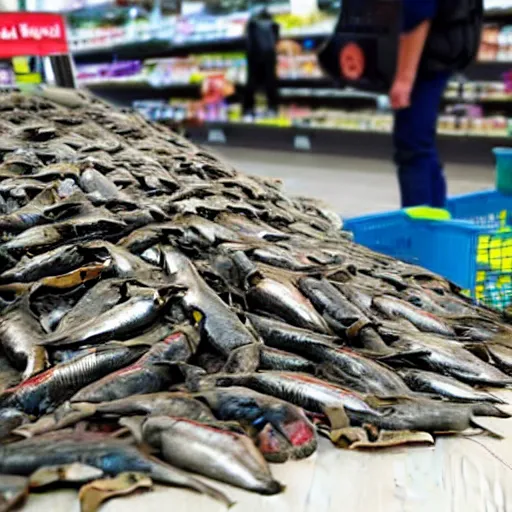 Prompt: pile of dead fish being scanned by checkout assistant at supermarket checkout, very detailed