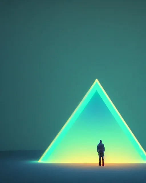 Image similar to a man standing in the middle of a mountain with a glowy neon triangle, a render by filip hodas, behance contest winner, environmental art, rendered in cinema 4 d, volumetric lighting