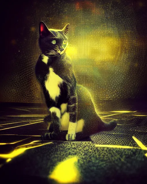 Prompt: dramatic cyberpunk portrait of a cat in a suit, crystalline, multicolor glow, atmospheric haze, intense shading, optic ripple, backlit, bokeh, centered