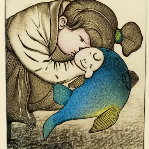 Image similar to the same style. the most beautiful little fat sweet girl is kissing a huge colorful cute fish. modern etching. colored print. hype realistic scene.