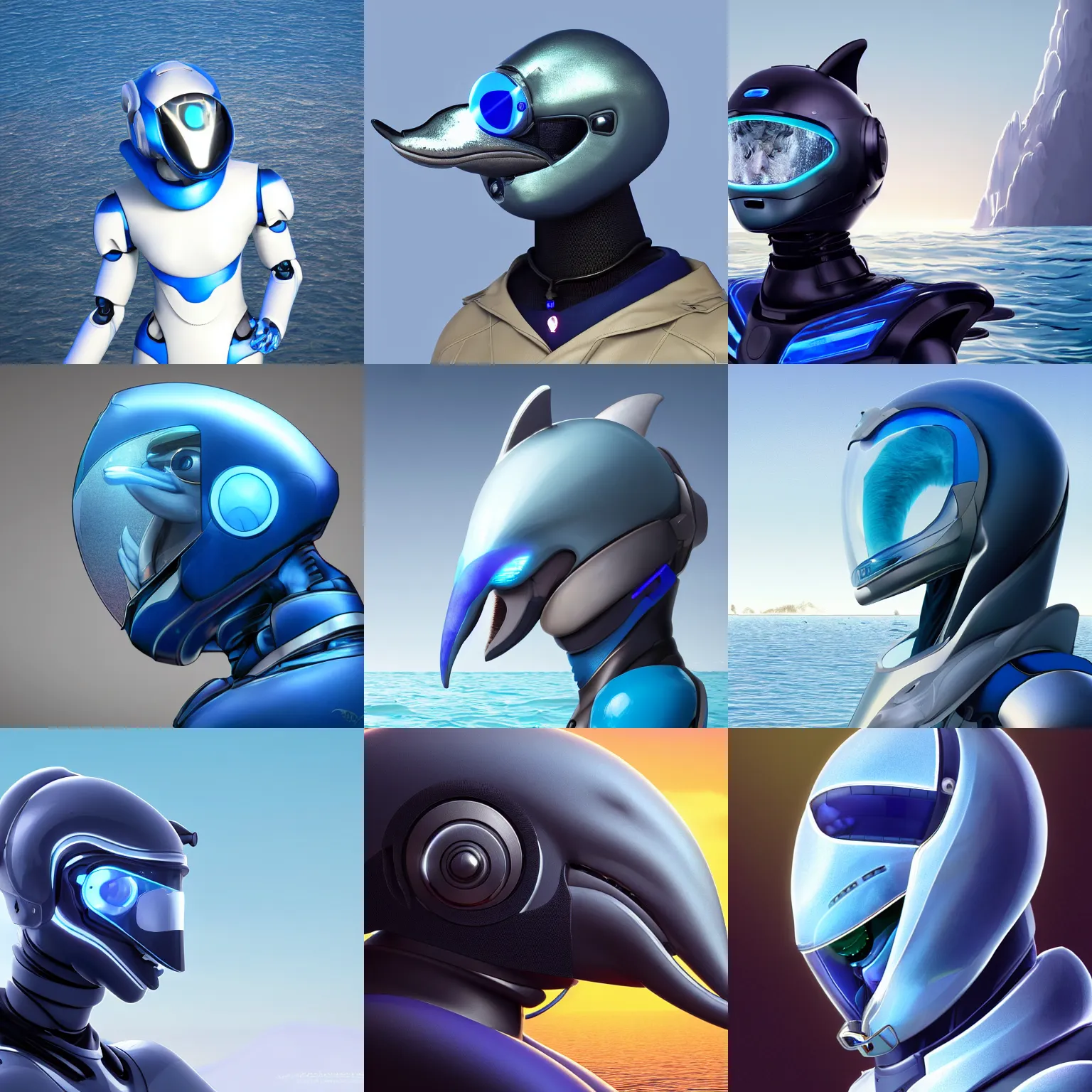 Prompt: very very beautiful furry art, bust profile picture of a male robotic anthro dolphin, synthetic cetacean hybrid android, face covered by opaque visor, wide bottlenose snout below visor, sleek round shapes, all ultramarine metal, integrated design, commission on furaffinity, cgsociety, octane render, sea in background