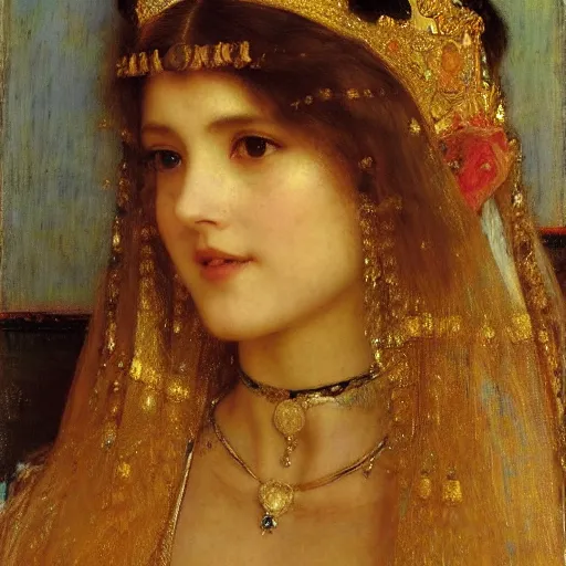 Prompt: orientalist portrait of a happy princess wearing a golden tiara intricate portrait by john william waterhouse Edwin Longsden Long and Theodore Ralli and Henryk Siemiradzki, very coherent symmetrical artwork. Cinematic, hyper realism, high detail 8k