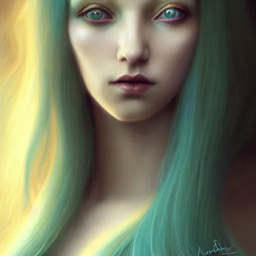 Image similar to portrait of girl with pale teal hair, luna moth, uniquely beautiful, fantasy, intricate, elegant, dramatic lighting, emotionally evoking symbolic metaphor, highly detailed, lifelike, photorealistic, digital painting, artstation, concept art, smooth, sharp focus, illustration, art by John Collier and Albert Aublet and Krenz Cushart and Artem Demura and Alphonse Mucha