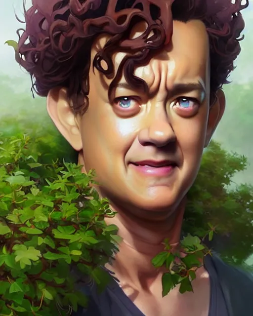 Image similar to character concept art of tom hanks as an anime dryad | cute - fine face, pretty face, realistic shaded perfect face, fine details by stanley artgerm lau, wlop, rossdraws, james jean, andrei riabovitchev, marc simonetti, and sakimichan, tranding on artstation