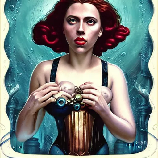 Image similar to underwater bioshock lovecrafian victorian portrait of scarlett johansson, octopus, Pixar style, by Tristan Eaton Stanley Artgerm and Tom Bagshaw.