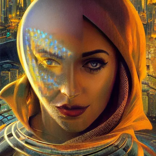 Image similar to detailed face of an arabic woman, tectonic cityscape, skydome, reactor, utopian, wet reflections, prism, atmospheric, ambient, pj crook, syd mead, livia prima, artgerm, greg rutkowski, nick alm, casey baugh