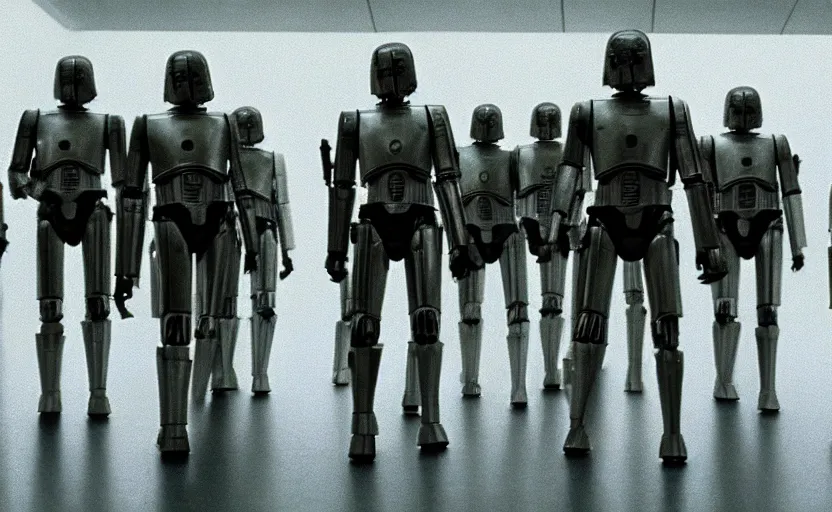 Image similar to screenshot of the epic scene featuring Luke Skywalker in grey body armor, he is helping an army fleet of chrome C-3P0 droids, iconic scene from 1980s film by Stanley Kubrick, 4k, cinematic still frame, surreal sci fi architecture, portrait photoreal, detailed face, moody lighting, stunning cinematography, hyper detailed, sharp, anamorphic lenses, kodak color film stock