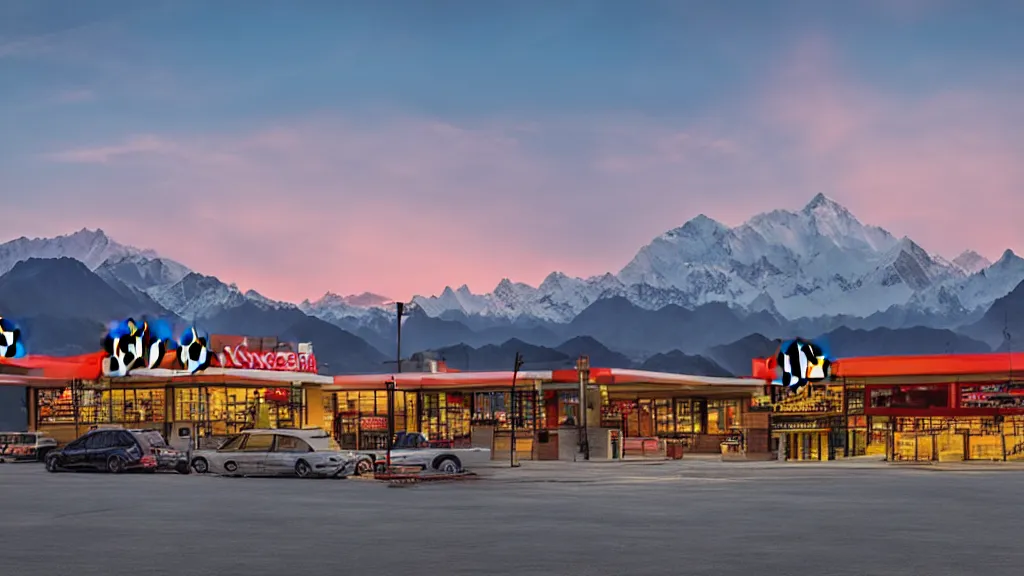 Image similar to sunset moody picture of the Himalayan mountain range with a large McDonalds restaurant in the middle of the picture disturbing the view, large-format landscape photography