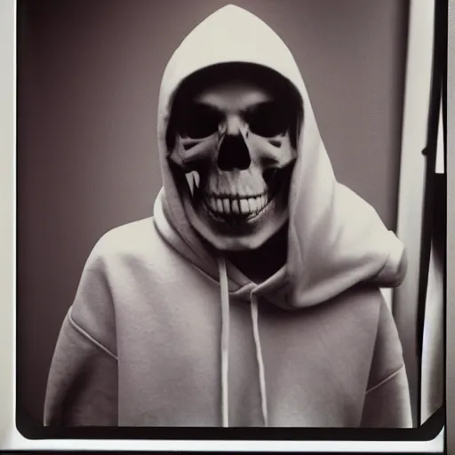 Image similar to close-up shot of a skull wearing hoodie in 80s, funny, Polaroid photo, by Warhol