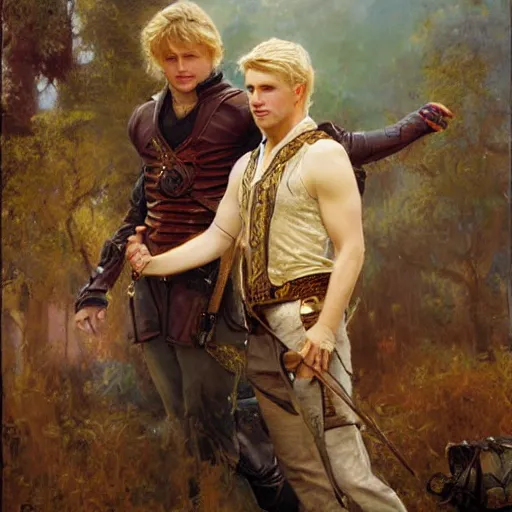 Image similar to attractive male, arthur pendragon who has blond hair confesses his love to attractive male, merlin who has dark hair. highly detailed painting by gaston bussiere, craig mullins, j. c. leyendecker 8 k