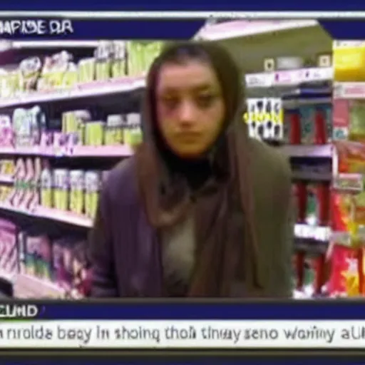 Image similar to woman caught shoplifting, cctv footage screenshot,