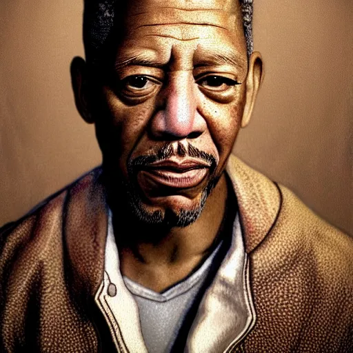 Image similar to hyperrealistic mixed media high resolution painting of Benjamin Hammond Haggerty Macklemore (Morgan Freeman), stunning 3d render inspired art by István Sándorfi and Greg Rutkowski and Unreal Engine, perfect facial symmetry, dim volumetric lighting, 8k octane beautifully detailed render, full body shot, post-processing, extremely hyper-detailed, intricate, epic composition, highly detailed attributes, highly detailed atmosphere, cinematic lighting, masterpiece, trending on artstation, very very detailed, masterpiece, stunning, flawless completion, lifelike texture, perfection,