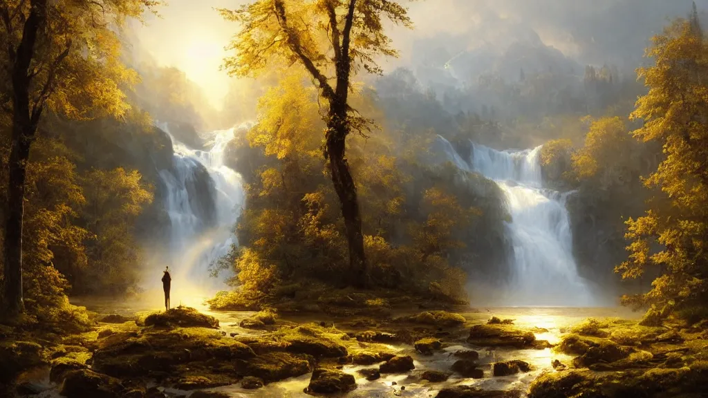 Image similar to the most beautiful panoramic landscape, oil painting, where a giant dreamy waterfall creates a river, the trees around are starting to bloom in yellow colors, a majestic deer is in close - up and it is exhaling steam, the ray lights of the sunrise are brightening him, by greg rutkowski