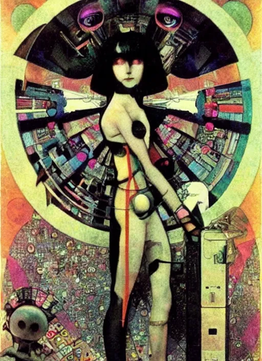 Image similar to cute punk goth fashion fractal alien martian girl with wearing a television helmet and kimono made of circuits and leds, surreal Dada collage by Man Ray Kurt Schwitters Hannah Höch Alphonse Mucha