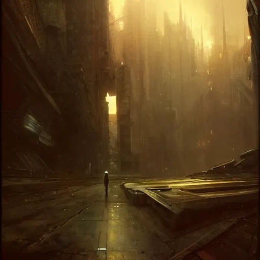 Image similar to wanderer in an dystopian future, dramatic lighting, detailed background, gorgeous view, realistic, high detail, depth of field, lightrays, atmospheric, digital art, painted by greg rutkowski, painted by jeremy mann, painted by alphonse mucha, trending on artstation