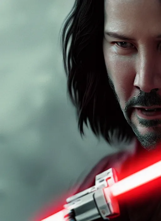 Image similar to close - up keanu reeves as a jedi holding a lightsaber, greg rutkowski, 8 k, shallow depth of field, intricate detail, concept art,