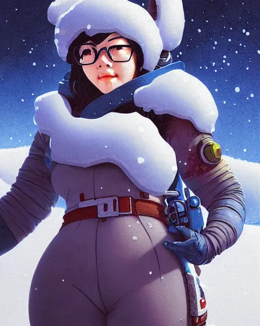 Image similar to mei from overwatch, character portrait, ice, cold, snow, portrait, close up, concept art, intricate details, highly detailed, vintage sci - fi poster, retro future, in the style of chris foss, rodger dean, moebius, michael whelan, and gustave dore