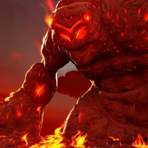 Image similar to a large, muscular, standing, humanoid, lava rock, magma, fire golem creature, burning eyes, exaggerated perspective, unreal engine, 3 5 mm pointing up