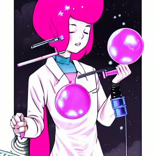 Image similar to realistic dark retro pulp sci - fi colored manga illustration of princess bubblegum by junji ito, with pink hair made of bubblegum, confident scientist performing experiments in her lab