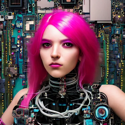 Prompt: portrait of a mexican woman with pink hair as a cyberpunk cyborg half robot, revealing wires and electronics, circuit boards, wire management, sci - fi, missing panels, intricate abstract upper body intricate artwork, concept art, octane render, deviantart, cinematic, key art, hyperrealism, iridescent accents, portrait photograph, nikon 3 5 mm, photograph by greg rutkowski