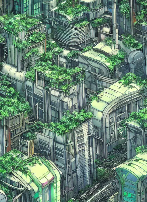 Prompt: solarpunk futuristic city which has been abandoned and overgrown by a forest, hyperdetailed, maximalist composition, by studio ghibli and my hero academia, cel shaded, ambient occlusion