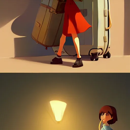 Prompt: goro fujita ilustration heerful girl taking the suitcases out of her house, characterized by cushart krenz, character art, sharp focus, highly detailed, artstation