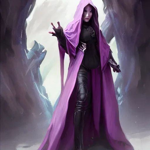 Image similar to full body, female warlock long hood cloak purple and a beautiful face, fighting monster with magic, 8 k, trending on artstation by tooth wu and greg rutkowski