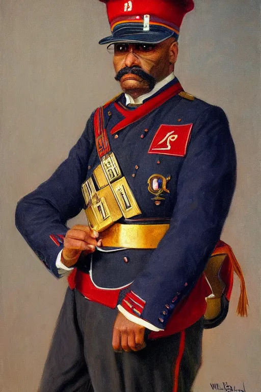 Prompt: full body portrait of the dictator of the detroit pistons, 1 8 8 9, in full military garb, oil on canvas by william sidney mount, trending on artstation