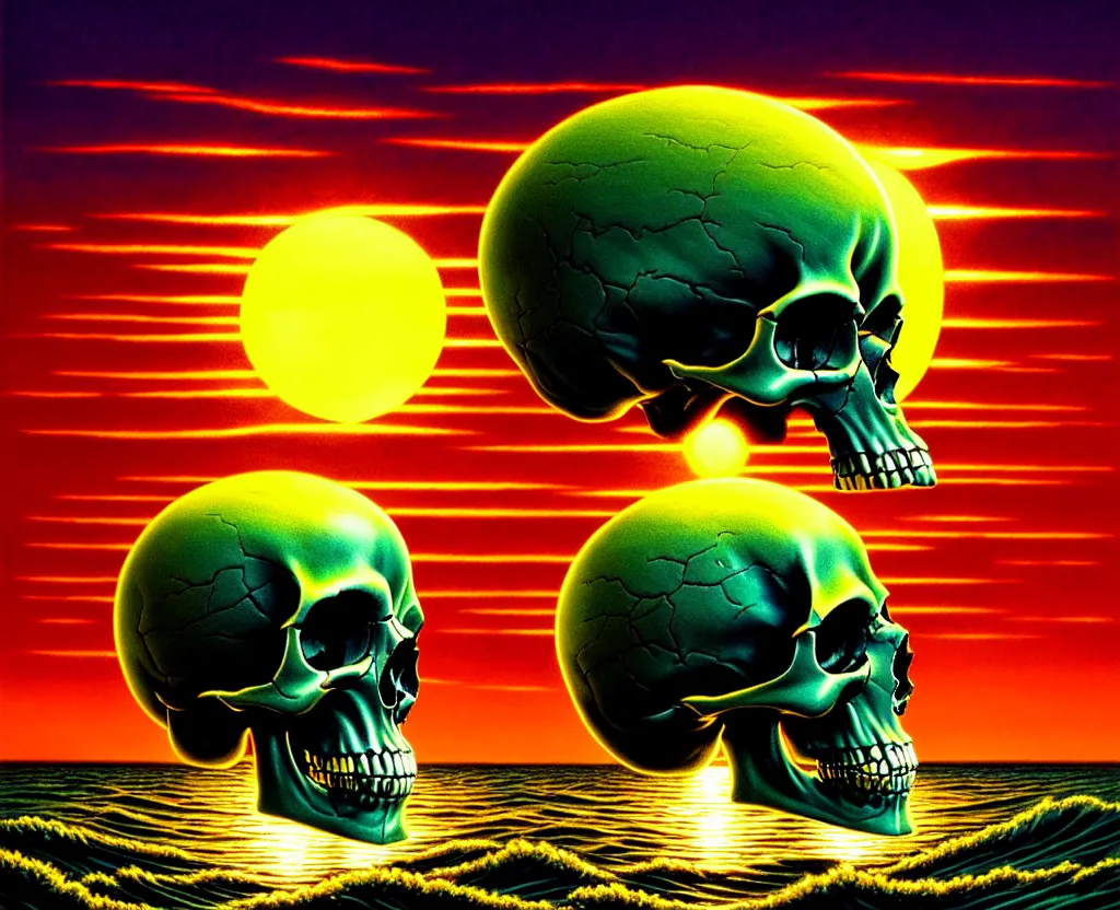 Prompt: a skull that is the sun rising just above the horizon over the sea by dan mumford and vladimir kush and donato giancola and ted withers and peter driben and brom and roberto ferri, green water, synthwave, retrowave, highly detailed, high contrast, intricate details, blended palette