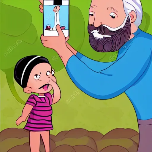 Prompt: cute cartoon character, beard grandpa taking a photo to a baby girl