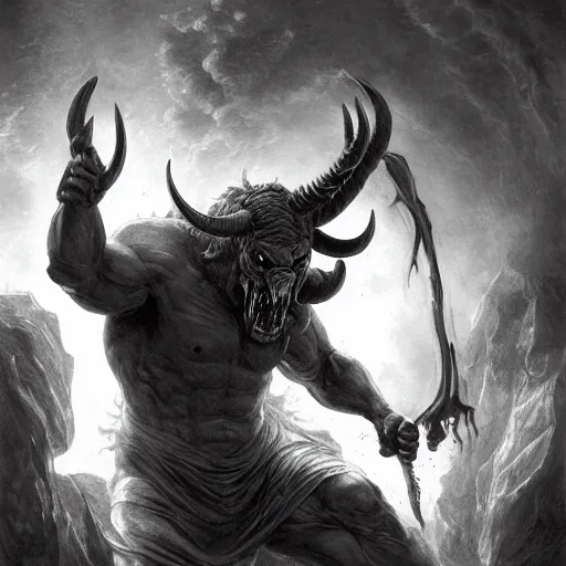 Prompt: full body, grayscale, muscled humanoid balrog demon, horns, claws, large horned tail, heroic pose, flames, fire, tarot, Gustave Dore, Greg Rutkowski,