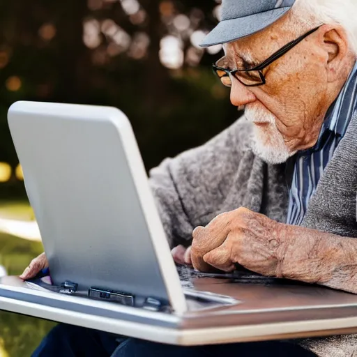 Prompt: elderly man sitting on a casket browsing internet on laptop from a casket casket