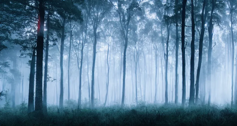 Image similar to a magical forest, thick fog, dark, fireflies flying and glowing, big trees, epic lighting, cinematic 4K