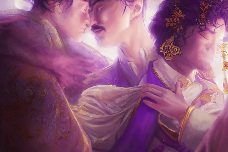 Image similar to a cinematic portrait of wedding photograph jpeg close up moment of a divine a japan sun god and moon goddess lovers magician at a wedding banquet. portraiture. digital painting. artstation. concept art. fantasy wedding photo. digital painting, 8 k realistic, hyper detailed, violet evergarden art masterpiece by art by krenz cushart