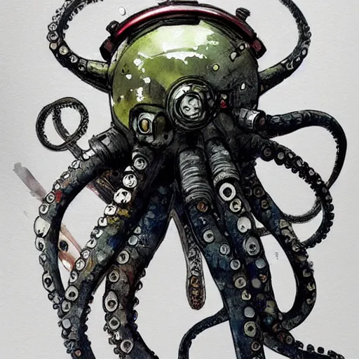 Image similar to Octopus in space, cyberpunk, realistic, detailed, Industrial Scifi, paint, watercolor, in the style of Ashley Wood and Wadim Kashin