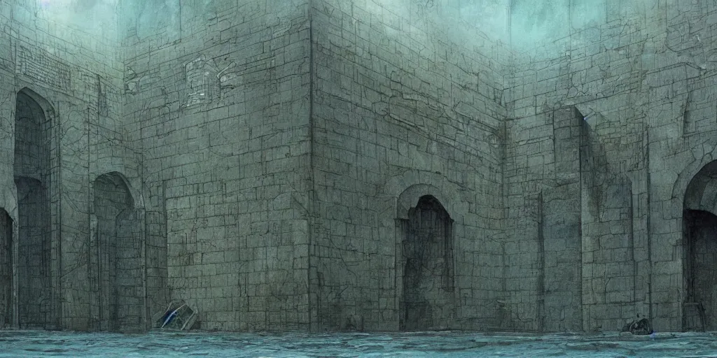 Image similar to Artwork by John Howe of the cinematic view of the Seventh Terrifying Prison.