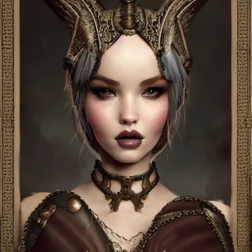 Image similar to tom bagshaw, very beautiful genetic mix of dove cameron madison beer bella poarch in a gorgeous magician armor, ornaments, gothic makeup, professionally retouched, focus eyes, ultra realistic soft painting, insanely detailed linework, partial symmetrical accurate intricate features, behance artstation, 8 k