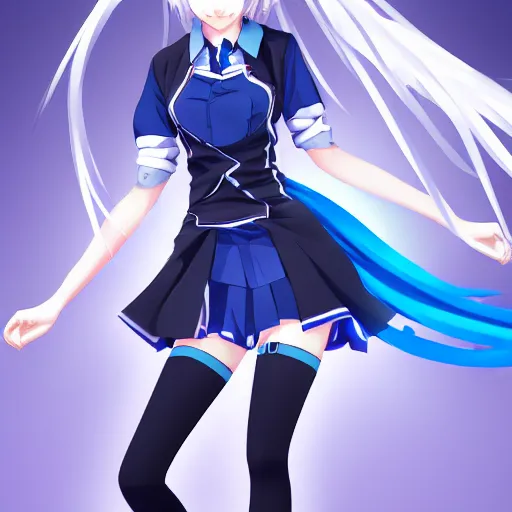 Image similar to high school girl split dimensions, azure blue eyes, silver hair, full body!!! digital anime art, made by xiaoguaishou, trending on artstation