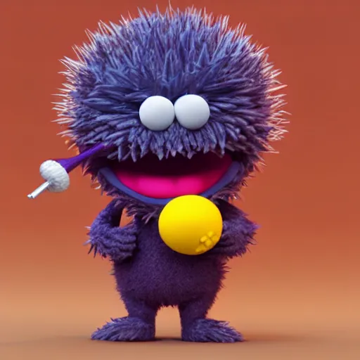 Image similar to evil muppet holding a spiky baseball bat, 3d render, sanrio, parody, behance, HD render, unity, cinematic Trending on artstation.