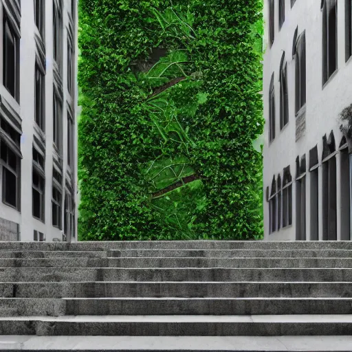 Image similar to a set of stairs with vines growing up them, a raytraced image by Tadao Ando, flickr contest winner, environmental art, streetscape, vray, national geographic photo
