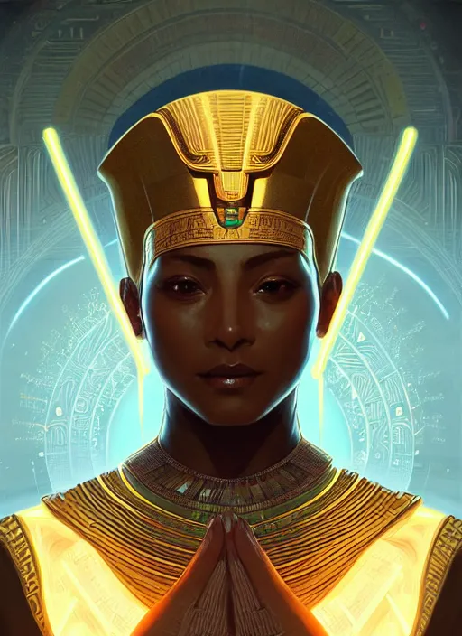 Image similar to symmetry!! portrait of ancient pharaoh wearing traditional attire, sci - fi, tech wear, glowing lights!! intricate, elegant, highly detailed, digital painting, artstation, concept art, smooth, sharp focus, illustration, art by artgerm and greg rutkowski and alphonse mucha