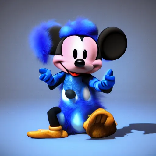 Image similar to a blue furry mickey rat with triangle ears and back gloves, high quality 3 d render trending in art station