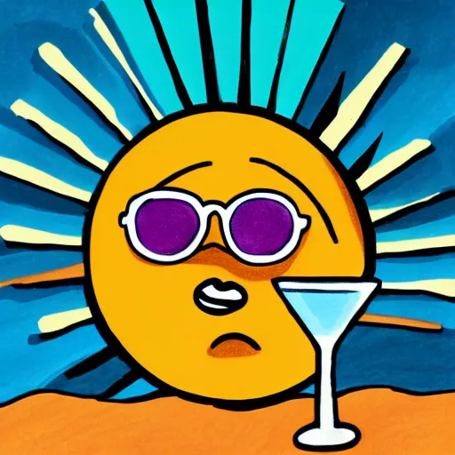 Prompt: drawing of a round happy sun with sunglasses sipping a martini drink, sitting on a chair beach