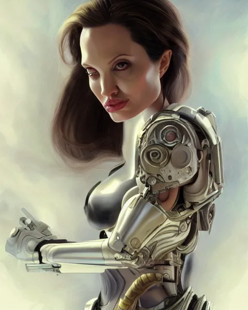 Prompt: detailed portrait painting of Angelina Jolie as a cyborg princess, fantasy, intricate, elegant, highly detailed, digital painting, artstation, concept art, smooth, sharp focus, illustration, by artgerm and greg rutkowski and Ralph McQuarrie