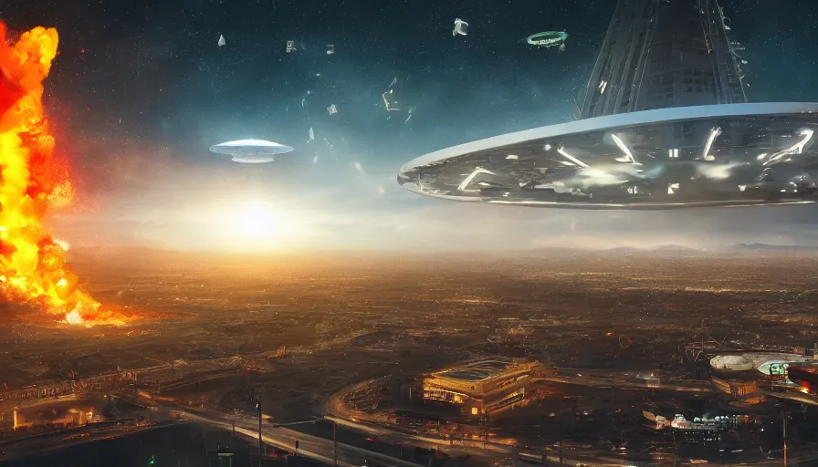 Image similar to humongous ufo upon las vegas destroying the city with alien laser, destruction, explosion, fire, smoke columns, ashes, hyperdetailed, artstation, cgsociety, 8 k